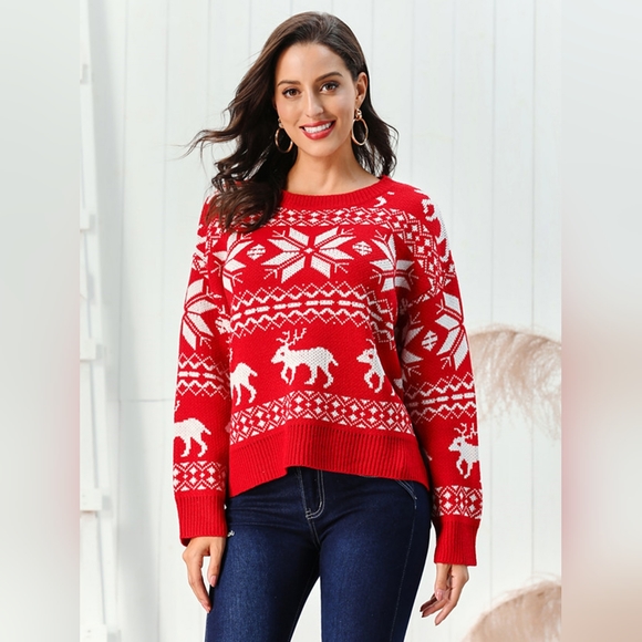 Fair Isle Snowflake Reindeer Knit Round Neck Classic Holiday Minimalist Sweater - Picture 6 of 7